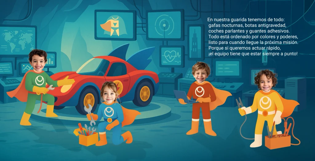 Ilustración del cuento La patrulla de los supertrajes: niños superhéroes en su guarida trabajando en equipo