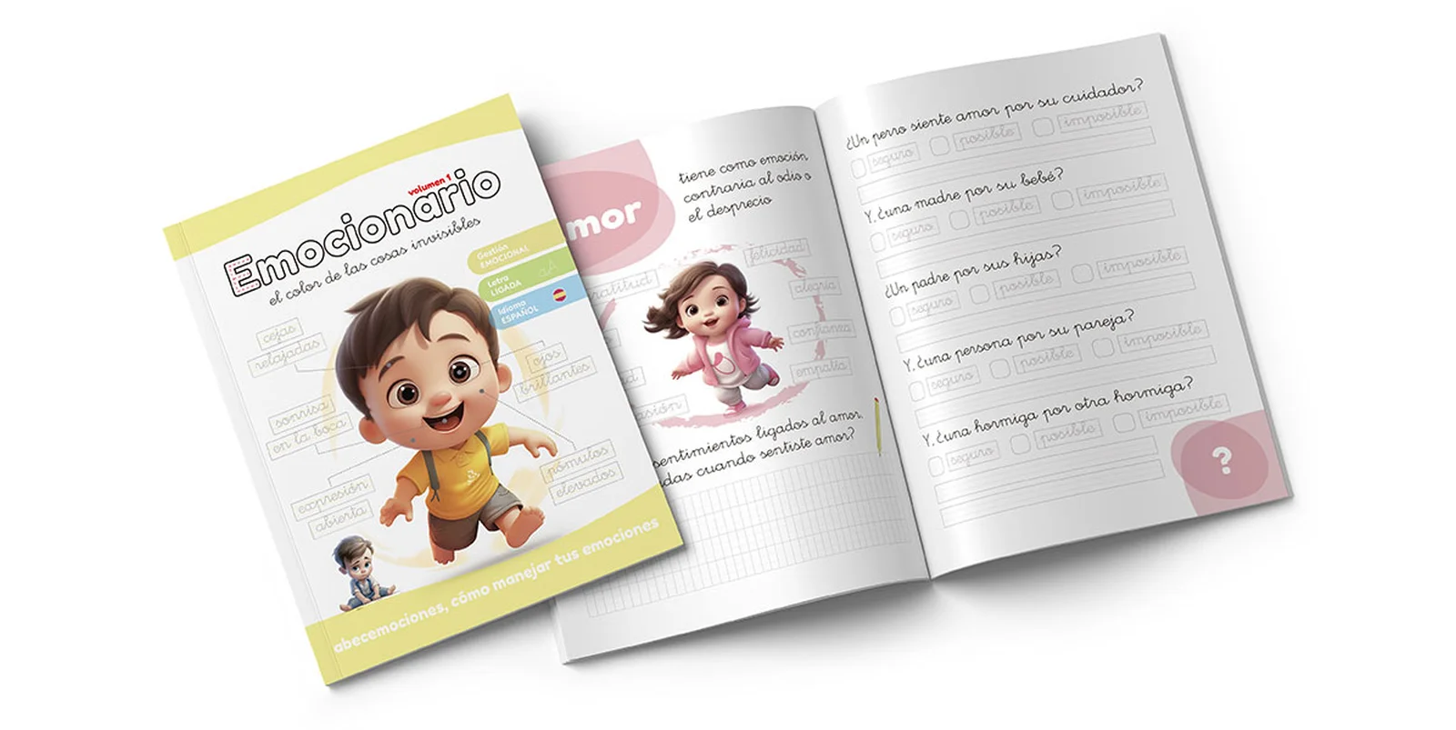 Cuaderno de caligrafía Emocionario Vol.1 abierto, con páginas para escribir sobre las emociones